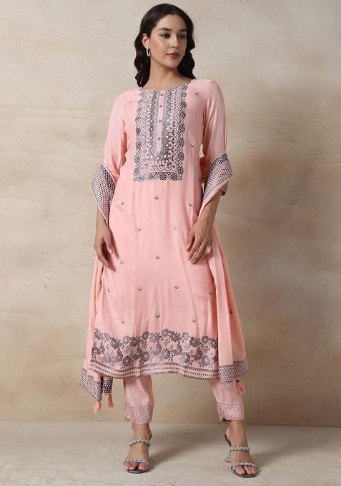 Pink Cutdana Sequin Embellished Kurta Set With Pants And Dupatta