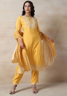 Yellow Thread Embroidered Kurta Set With Pants And Printed Dupatta