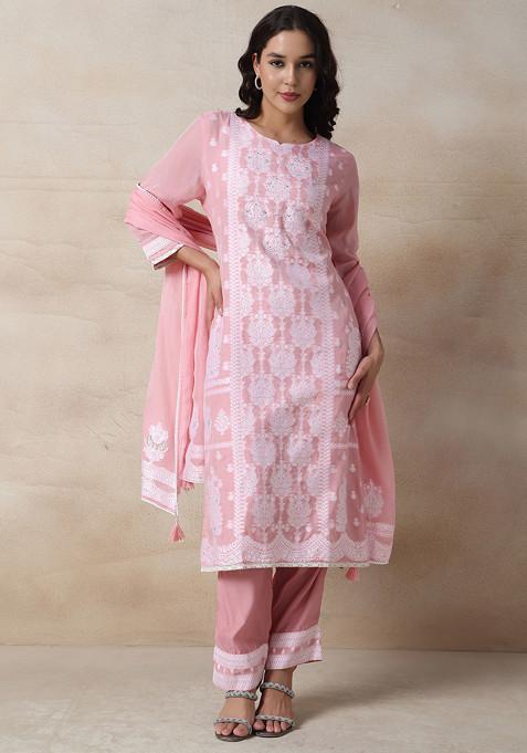 Pink Floral Embroidered Kurta Set With Pants And Dupatta