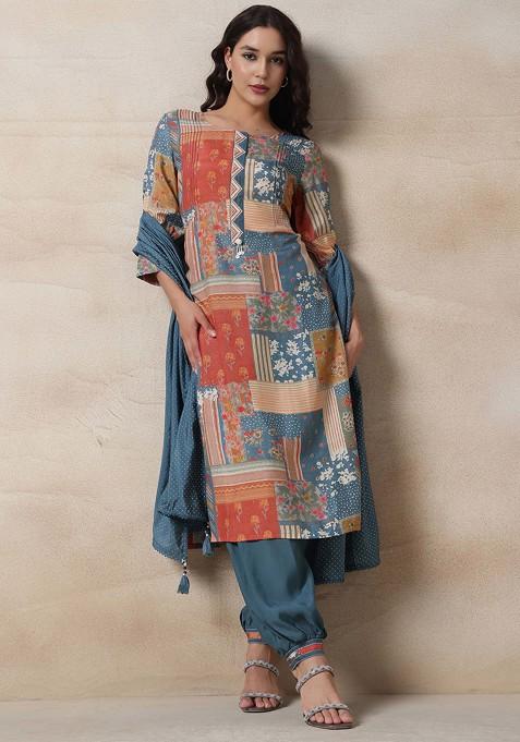 Multicolour Floral Print Bead Embellished Kurta Set With Pants And Dupatta