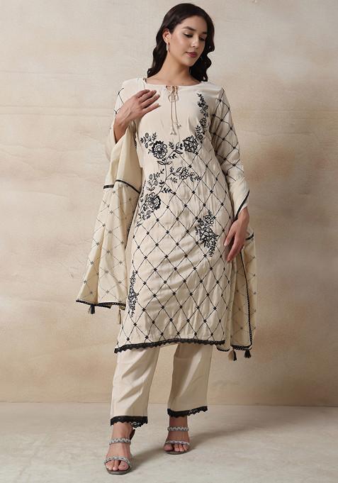 Beige Floral Embroidered Kurta Set With Pants And Dupatta