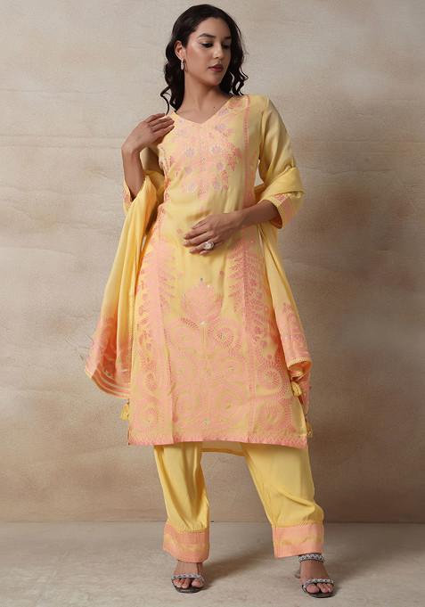 Yellow Floral Print Kurta Set With Pants And Printed Dupatta