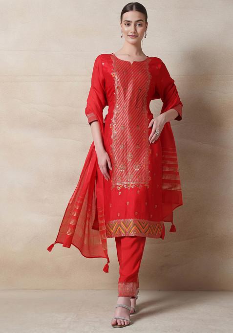 Red Cutdana Sequin Embellished Kurta Set With Pants And Dupatta