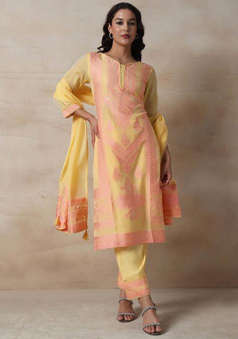 Yellow Embroidered Sequin Embellished Kurta Set With Pants And Dupatta