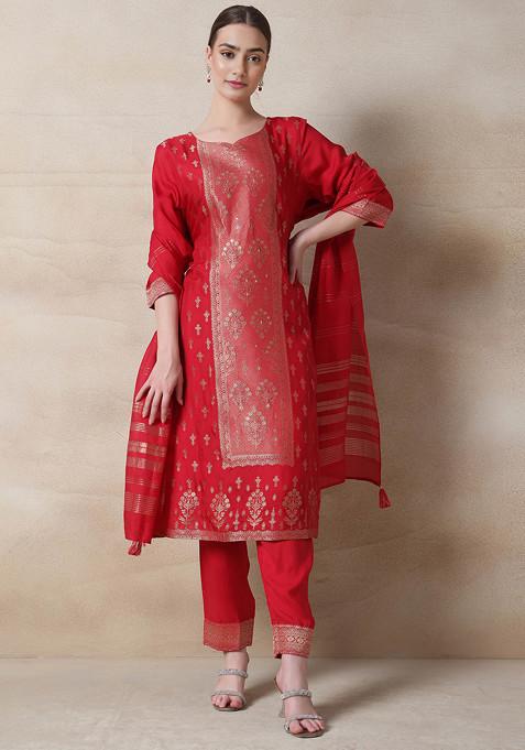 Red Floral Print Bead Embellished Kurta set With Pants And Dupatta