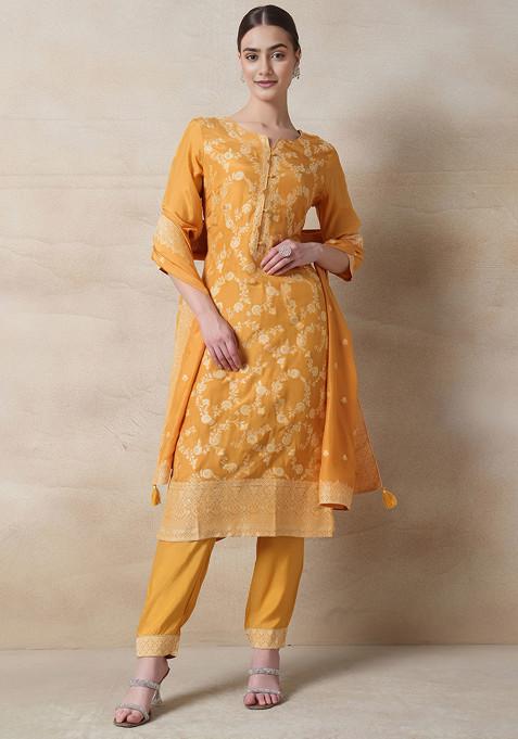 Mustard Floral Embroidered Brocade Kurta Set With Pants And Dupatta