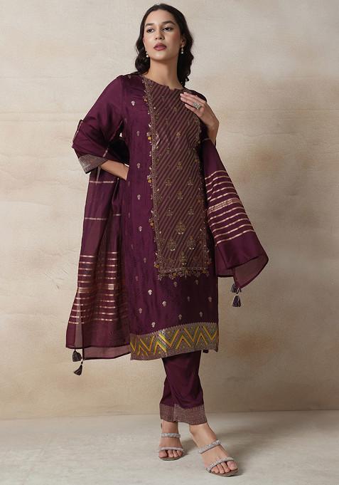 Wine Brocade Floral Embroidered Kurta Set With Pants And Printed Dupatta