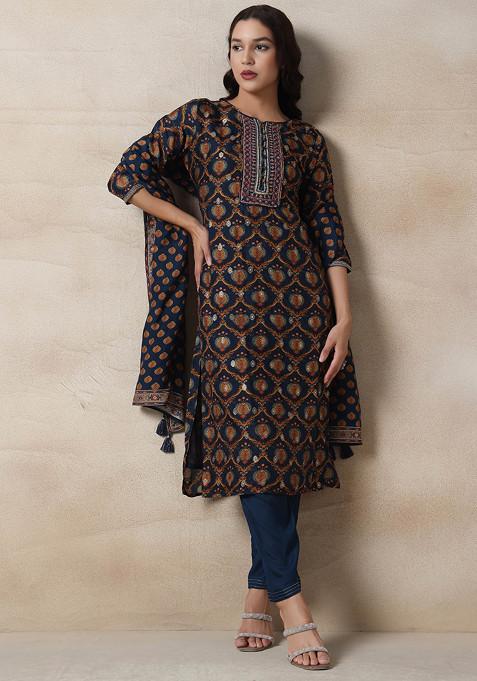 Navy Blue Floral Cutdana Sequin Embellished Kurta Set With Pants And Dupatta