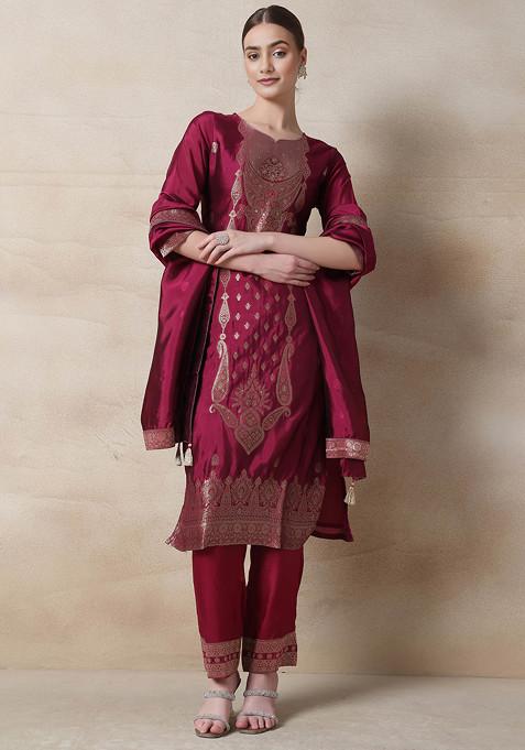 Purple Cutdana Sequin Embellished Kurta Set With Pants And Dupatta