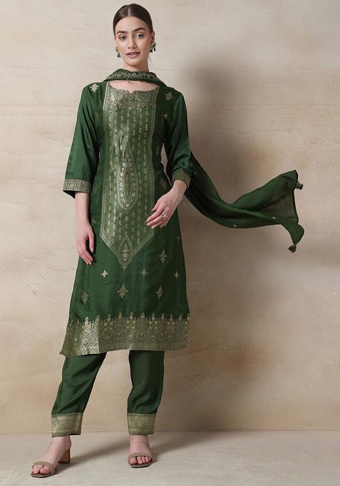 Green Floral Bead Sequin Embellished Kurta Set With Pants And Dupatta