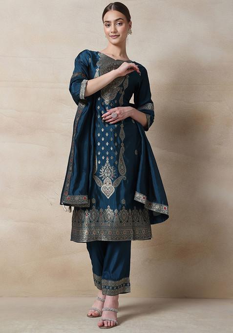 Teal Blue Cutdana Sequin Embellished Kurta Set With Pants And Dupatta