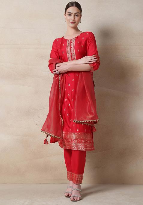 Red Floral Bead Sequin Embellished Kurta Set With Pants And Dupatta