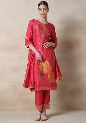 Coral Floral Brocade Kurta Set With Pants And Printed Dupatta