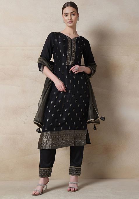 Black Floral Print Kurta Set With Pants And Dupatta