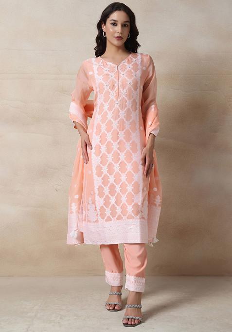 Peach Embroidered Bead Embellished Kurta Set With Pants And Dupatta