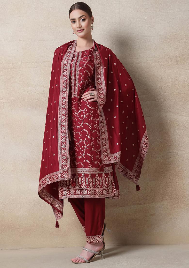 Red Floral Print Kurta Set With Pants and Printed Dupatta
