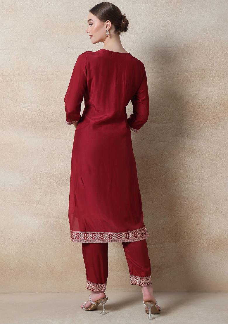 Red Floral Print Kurta Set With Pants and Printed Dupatta