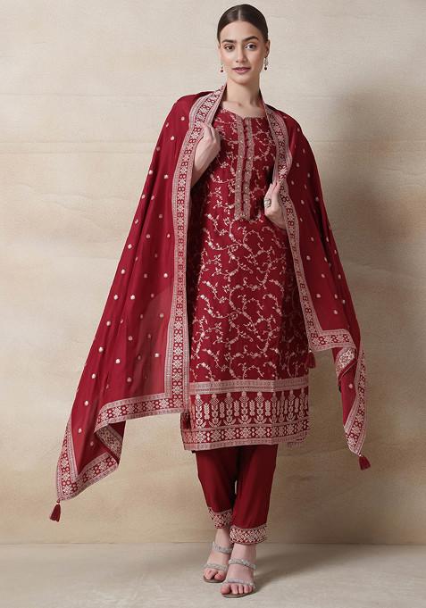 Red Floral Print Kurta Set With Pants and Printed Dupatta