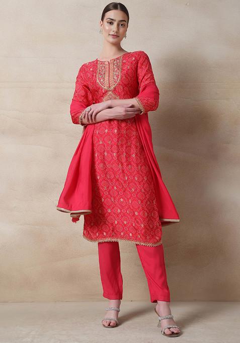 Coral Zari Embroidered Kurta Set With Pants And Dupatta