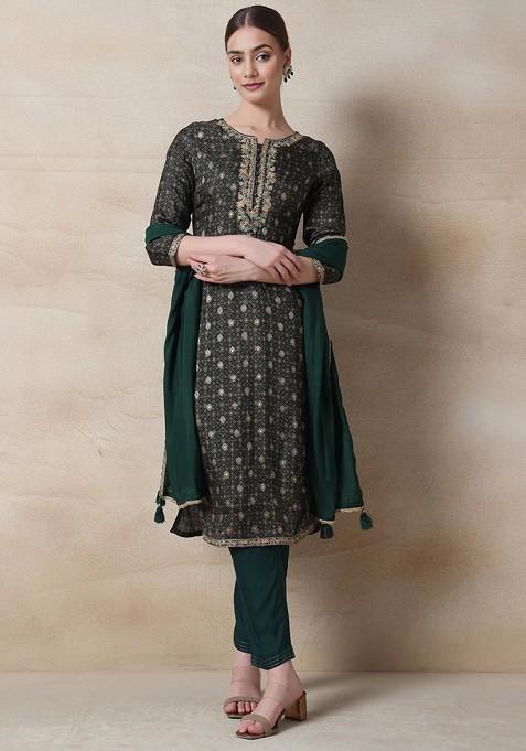 Green Printed Zari Embroidered Kurta Set With Pants And Dupatta