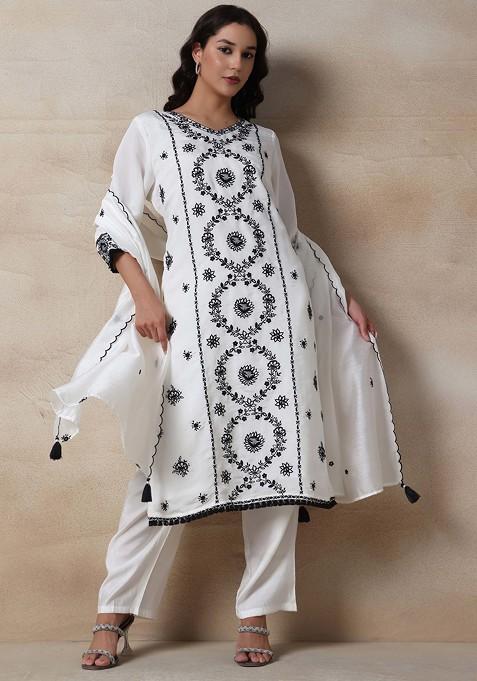 White Floral Embroidered Kurta Set With Pants And Dupatta