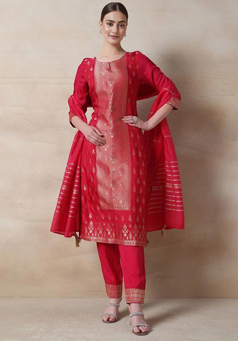 Rani Pink Cutdana Embellished Brocade Kurta Set With Pants And Dupatta