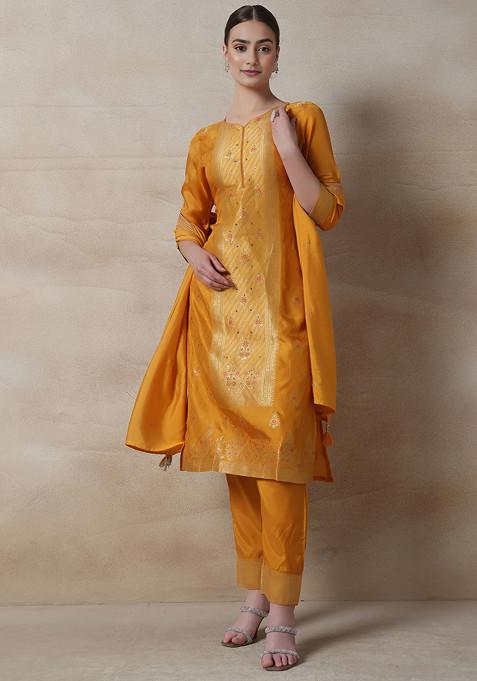 Mustard Yellow Floral Embellished Kurta Set With Pants And Dupatta