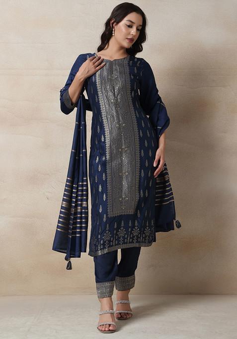 Navy Blue Floral Print Kurta Set With Pants And Striped Dupatta