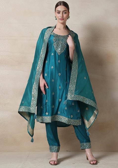 Sea Green Floral Sequin Embellished Kurta Set With Pants And Dupatta