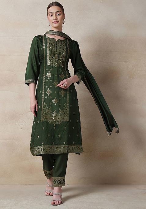 Green Bead Cutdana Embellished Kurta Set With Pants And Dupatta