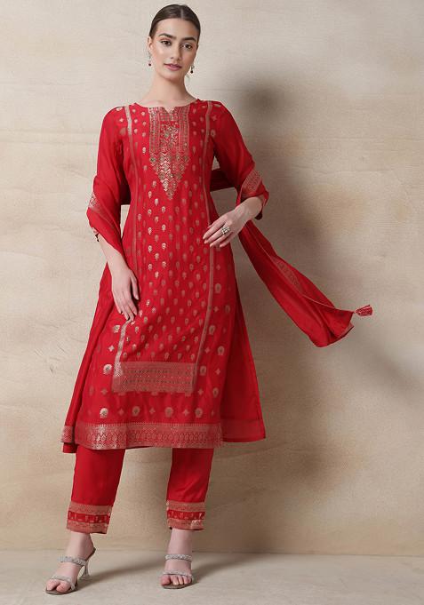 Red Floral Bead Sequin Embellished Kurta Set With Pants And Dupatta