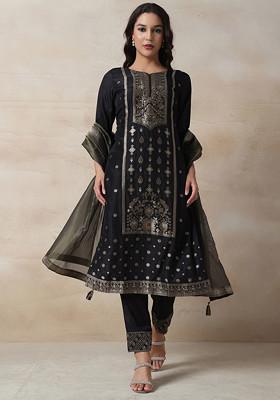 Black Floral Brocade Embellished Kurta Set With Pants And Dupatta