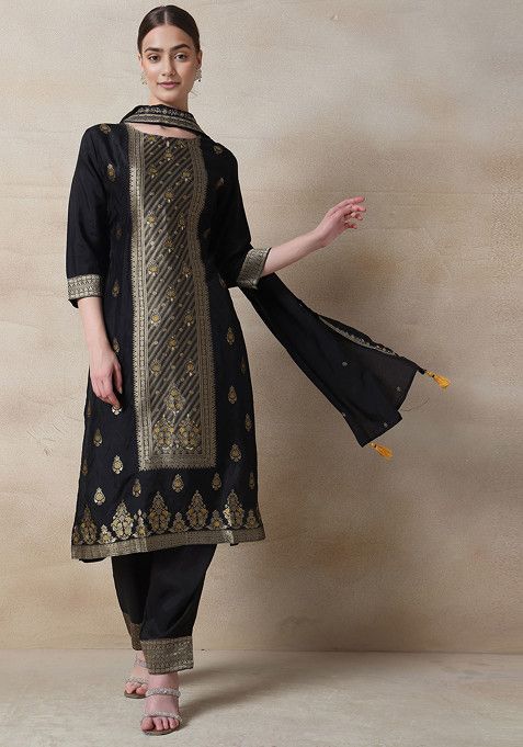 Black Floral Brocade Embellished Kurta Set With Pants And Embroidered Dupatta