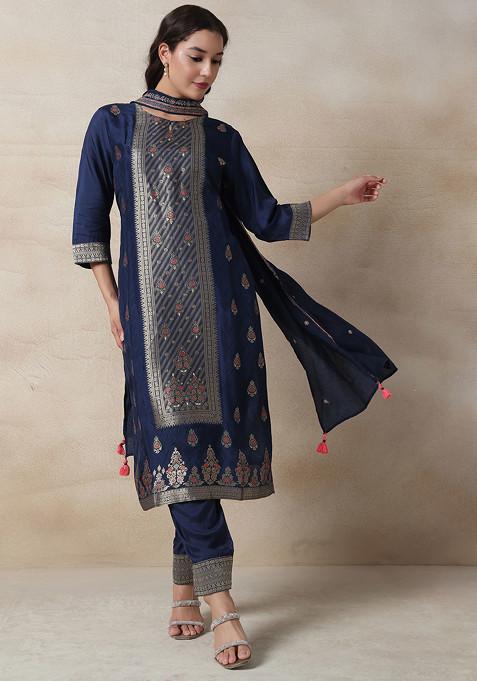 Navy Blue Floral Embroidered Sequin Kurta Set With Pants And Embroidered Dupatta