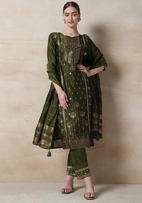 Green Sequin Embellished Embroidered Kurta Set With Pants And Brocade Dupatta