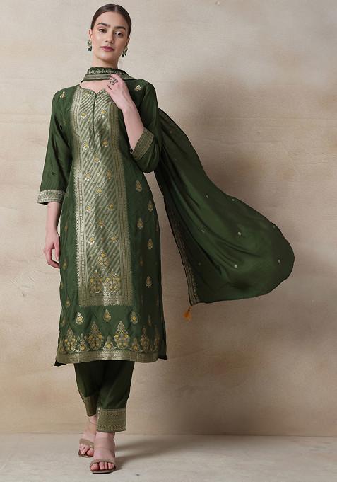 Green Floral Print Sequin Kurta Set With Pants And Embroidered Dupatta