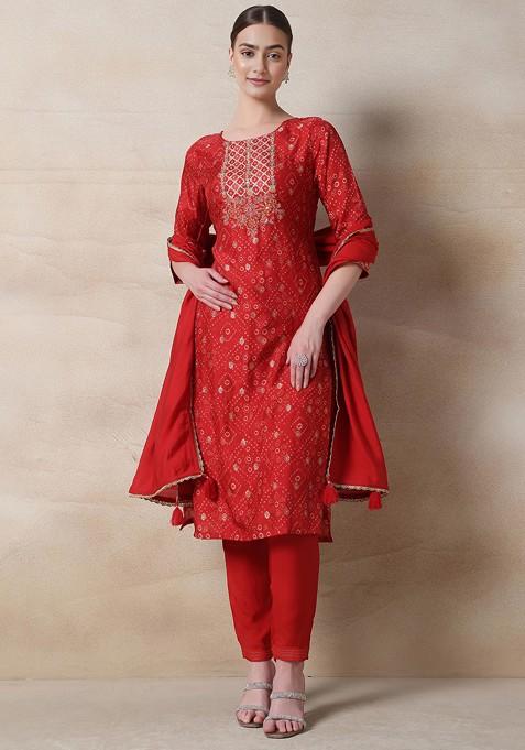 Red Zari Embroidered Bandhani Print Kurta Set With Pants And Dupatta