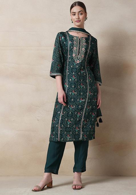 Green Bandhani Print Embroidered Sequin Kurta Set With Pants And Dupatta