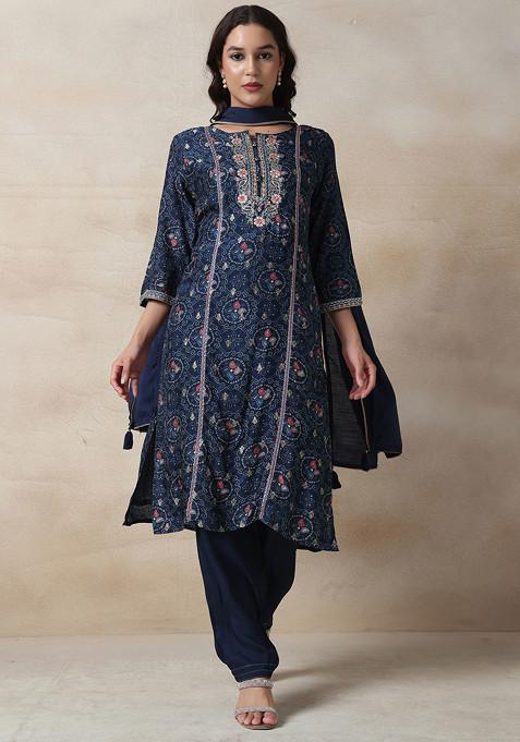 Navy Blue Floral Print Kurta Set With Pants And Dupatta