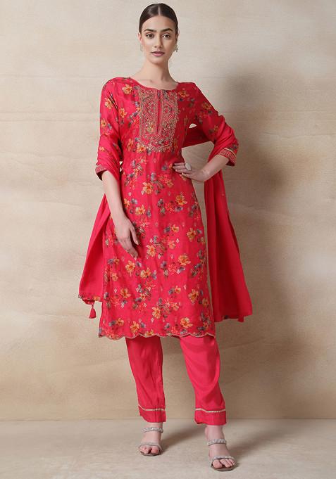 Pink Floral Print Sequin Bead Embellished Kurta Set With Pants And Dupatta