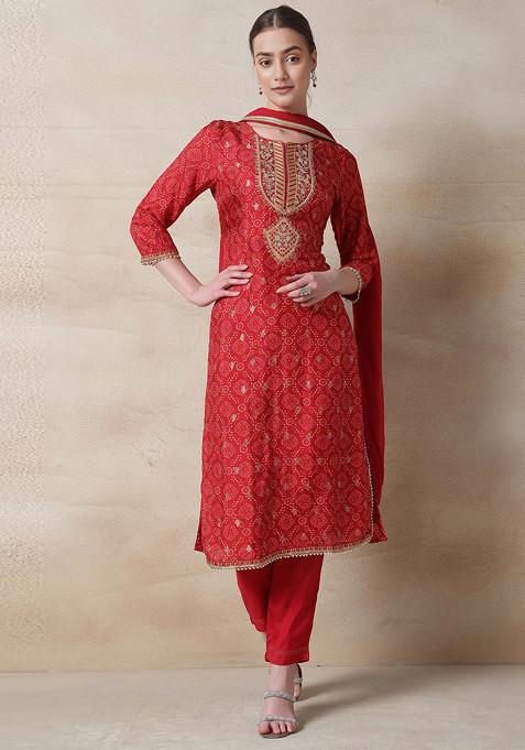 Red Floral Bandhani Print Bead Embellished Kurta Set With Pants And Dupatta