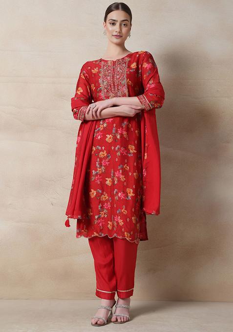 Red Floral Print Zari Embroidered Kurta Set With Pants And Dupatta