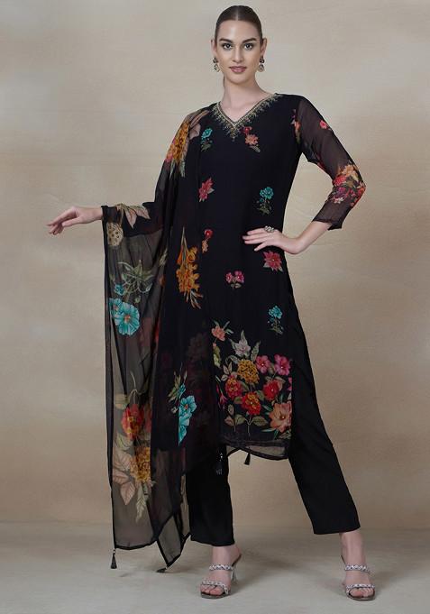 Black Floral Print Bead Embellished Kurta Set With Pants And Dupatta