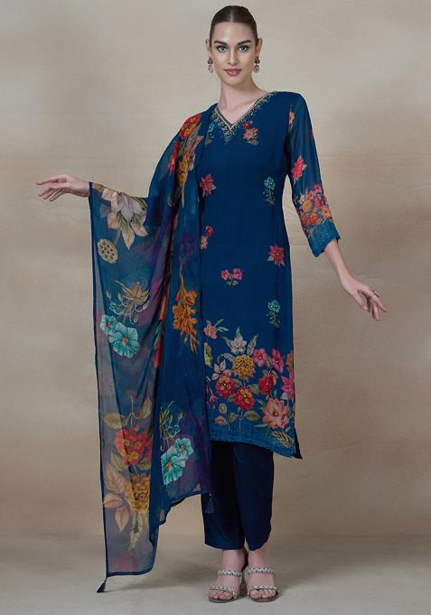 Blue Floral Print Cutdana Embellished Kurta Set With Pants And Dupatta