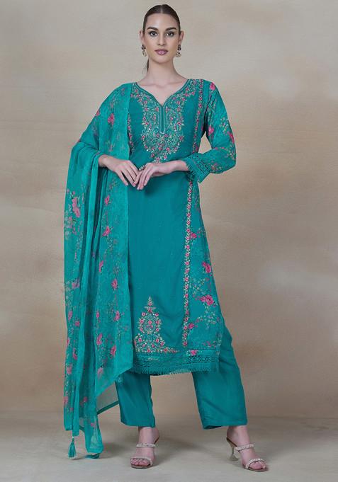 Green Embroidered Kurta Set With Pants And Printed Dupatta