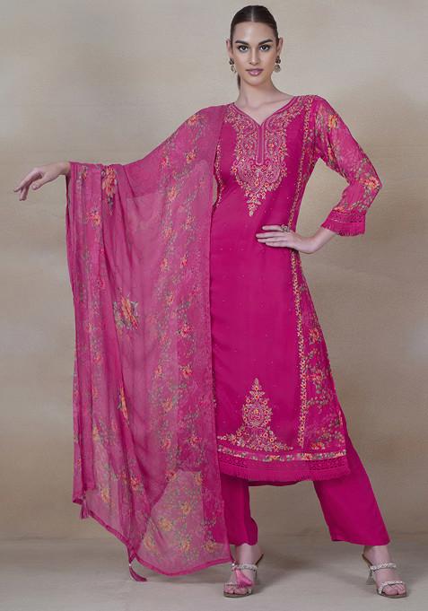 Pink Embroidered Kurta Set With Pants And Printed Dupatta