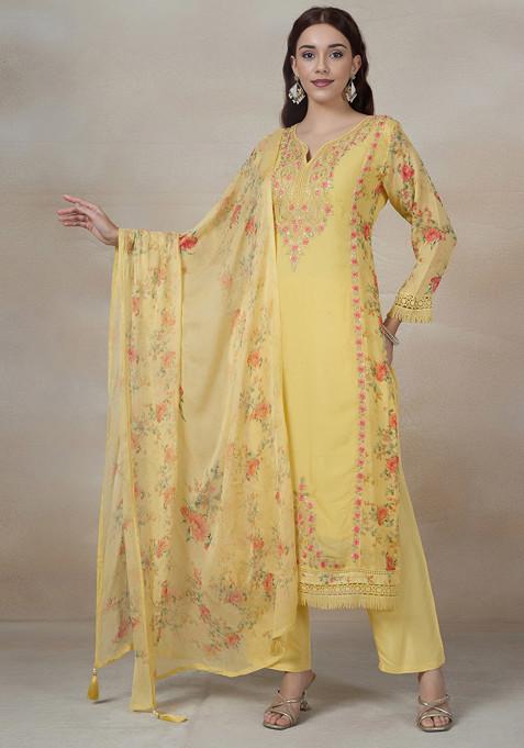 Yellow Embroidered Kurta Set With Pants And Printed Dupatta