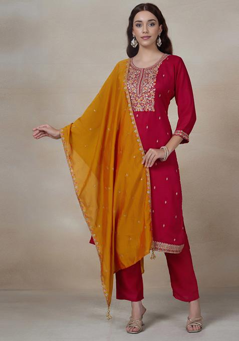 Pink Embroidered Kurta Set With Dupatta And Pants