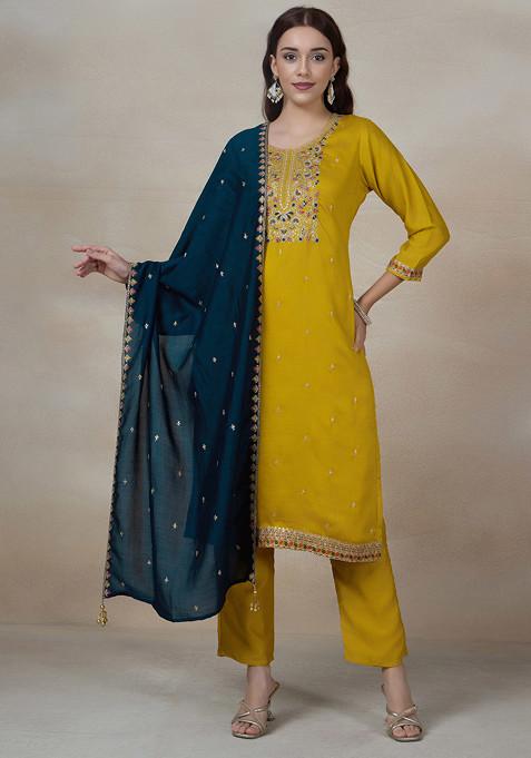 Yellow Embroidered Kurta Set With Dupatta And Pants