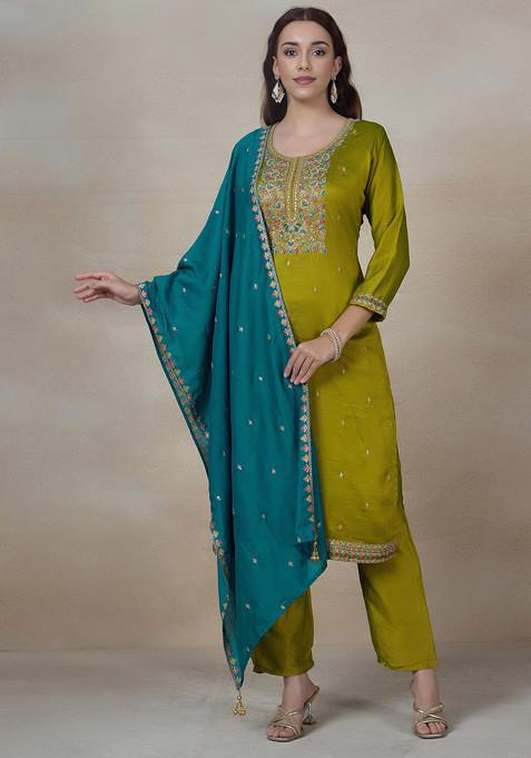 Green Embroidered Kurta Set With Dupatta And Pants